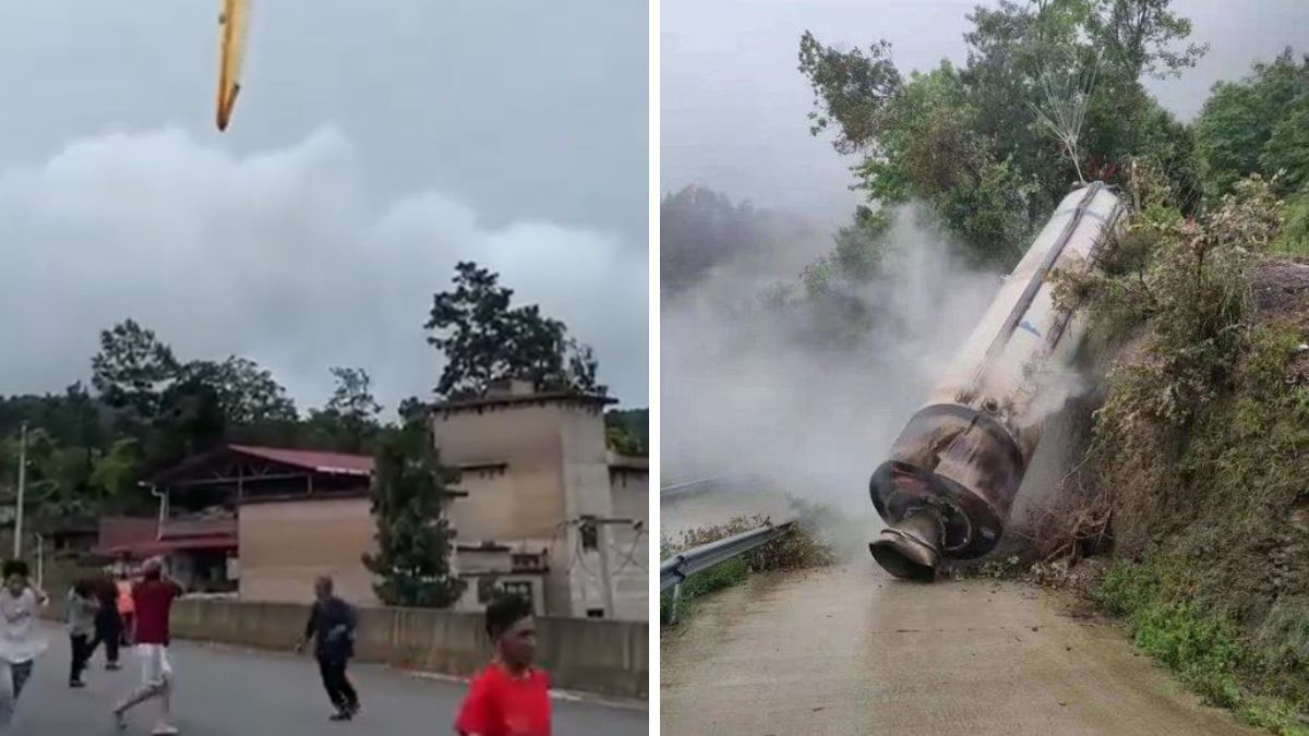 Люди разбегались от ужаса: в Китае разгонный блок ракеты неконтролируемо упал после успешного запуска. Видео